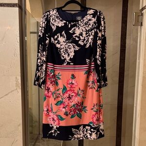 Vince Camuto Navy and Pink Floral Long Sleeve Dress